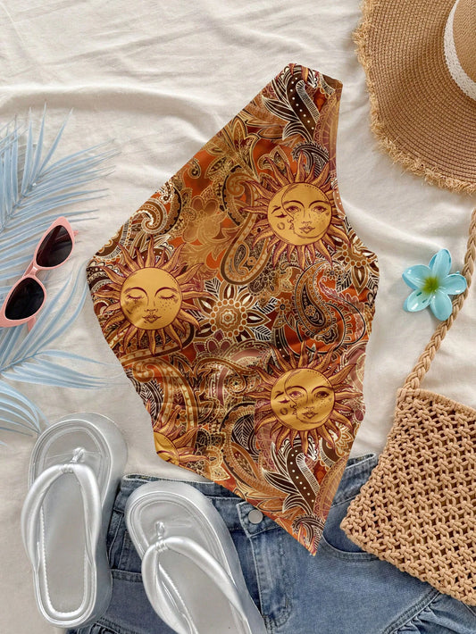 Top Feminino Boémio Y2K | Estampa Paisley Ombro Único Assimétrico Verão XS-XL