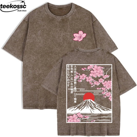 T-shirt Oversized Monte Fuji & Flores de Cerejeira Lavada | Algodão 100% Manga Curta Verão 9 Cores