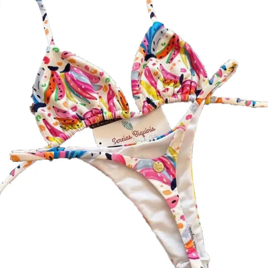 Conjunto Biquíni Feminino Micro | Rendas Sexy | Decote V Profundo | Elastano | Cor Sólida | 2 Cores | S ao L