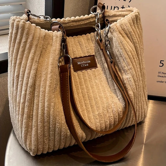 Mala Tote Feminina Veludo Cotelê | Grande Capacidade Bolsa de Ombro Casual