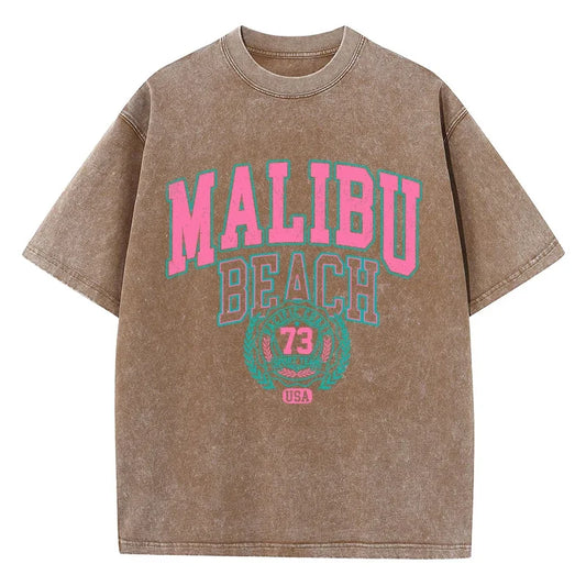T-shirt Malibu Praia Lavada | Oversized Algodão Estampa Letras Casual Streetwear