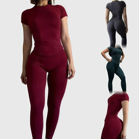 Conjunto Desportivo Feminino 2 Peças — Top Slim Canelado + Shorts Sem Costura | Yoga e Treino | 16 Cores | XS a L