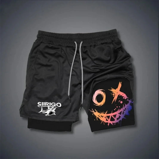 Calções de Fitness Masculinos 2-em-1 — Estampa Sorridente, Secagem Rápida