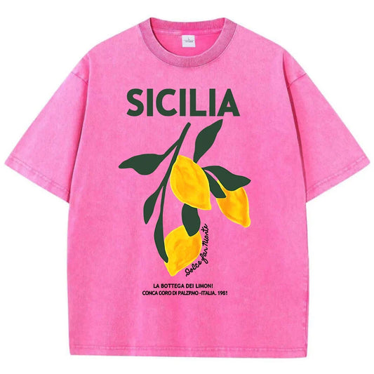T-shirt Amalfi Coast Itália Limão | Algodão Lavado Y2K Oversized Casual Verão