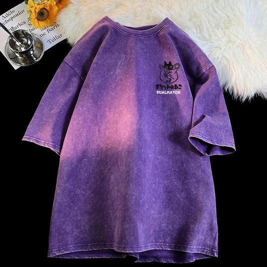 T-shirt Kawaii Gato Harajuku | Algodão Lavado Vintage Solto Streetwear Verão