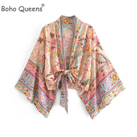 Kimono Curto Feminino Boho | Estampa Floral Vintage Decote V Mangas Batwing Praia Cover-Up