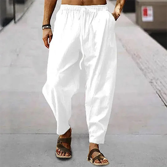 Calças Masculinas Linho + Algodão | Perna Larga | Cintura Elástica | 7 Cores | M ao 4XL
