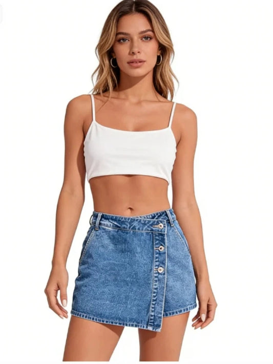 Short Saia Jeans Cintura Alta | Botão Assimétrico | Barra Desfiada | S a XXL