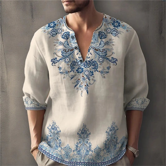 Camisa Masculina Retrô Estampada | Linho e Algodão Manga Longa Gola Henley Corte Solto XS-6XL