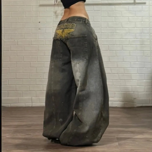 Calças Jeans Baggy Y2K Gótico Hip Hop | Perna Larga Cintura Média Vintage Americana 11 Padrões