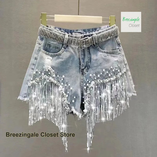 Shorts Jeans Strass com Borlas | Cintura Alta | Rasgados