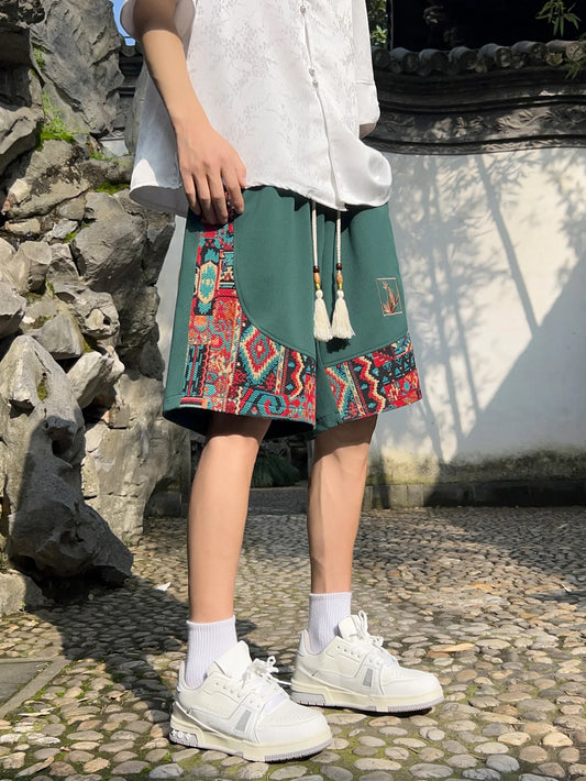 Shorts Masculinos Estilo Oriental | Bordado Étnico Cintura Elástica Cordão Bolsos Verão M-5XL