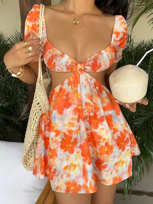 Mini Vestido Feminino Floral Tie-Dye | Manga Puff | Poliéster | Silhueta Baile | S ao XL | Laranja