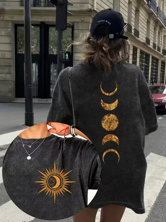 T-shirt Unissex Vintage Lavada | Sol Lua Estrelas Boho Chique Y2K Oversized Streetwear