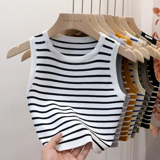 Top Malha Tricô Listrado Sem Mangas | Elástico Casual Primavera Verão