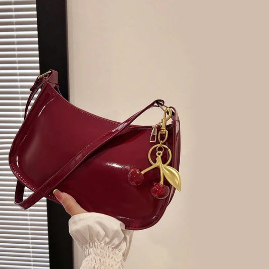 Bolsa de Ombro Feminina em Couro PU | Pingente Cereja Fecho Zíper Casual Moda