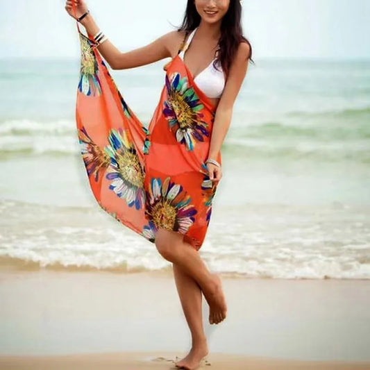 Saída de Praia Feminina | Vestido Halter Chiffon Estampado | Pareo Envoltório | Costas Abertas | Poliéster | 6 Cores | Tamanho Único