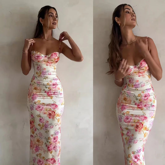 Vestido Feminino Floral Alças Espaguete | Slim com Abertura Lateral Verão Praia