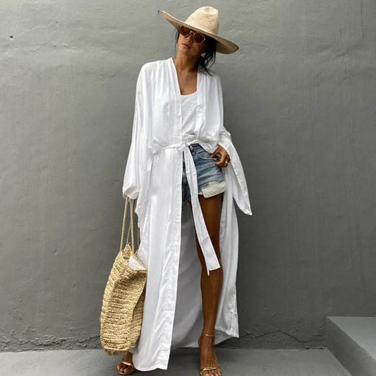 Saída de Praia Feminina Kimono | Algodão | Cor Sólida | Cinto Integrado | Estilo Boémio | 5 Cores | Tamanho Único