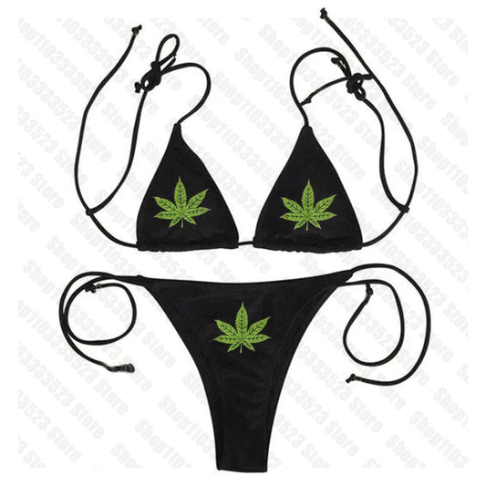Conjunto Biquíni Feminino Y2K Punk | Estética Grünge Gótica | Decote V Profundo | Sem Fio | Preto | S ao XL