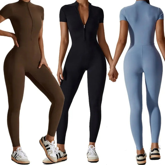 Macacão Fitness Feminino Manga Curta com Zíper — Nylon Respirável Secagem Rápida | Yoga Corrida Ginásio | 5 Cores | S a XL