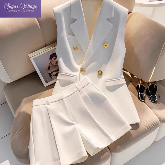 Conjunto Feminino 2 Peças — Blazer Sem Mangas com Botões Dourados + Shorts | Elegante Escritório e Casual | Verão | S a XXL