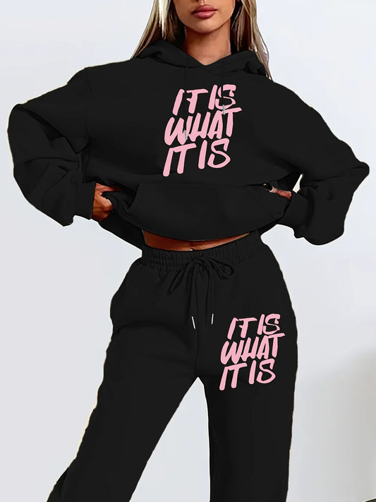 Conjunto Feminino Streetwear 2 Peças — Hoodie com Capuz + Calças de Moletom | Estampa com Letras | Casual Rua | Outono Inverno | 5 Cores | S a XXL