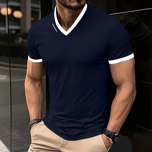 T-shirt Masculina Decote em V | Manga Curta | Cor Sólida | Casual | 5 Cores | S ao 4XL
