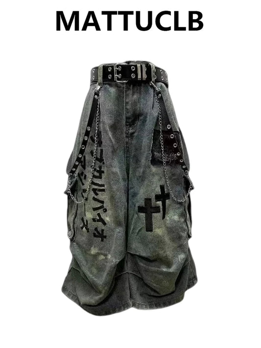 Jorts Exclusivos Y2K Goblin Core | Calças Capri Denim Cyber Punk Grunge Namorado Unissex Azul