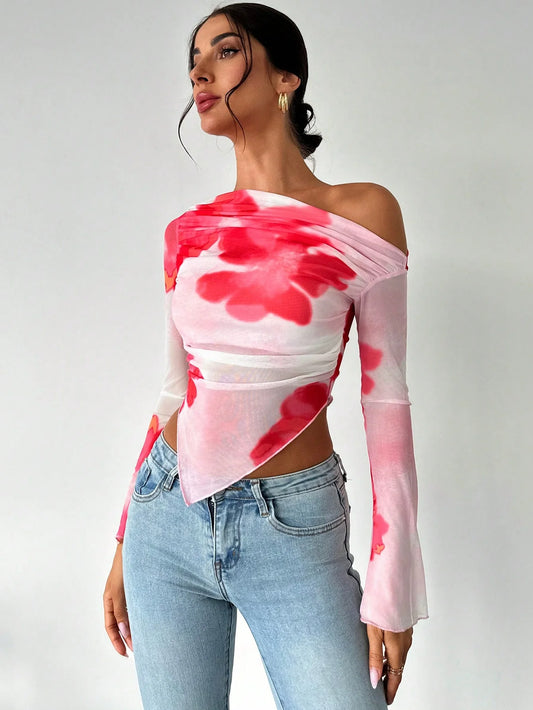 Camiseta Feminina Tie-Dye | Manga Longa Ombro Oblíquo Irregular Ajuste Fino XS-L