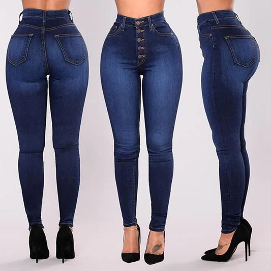 Calças Jeans Lápis Slim Push-Up | Cintura Alta Bordado Vintage Lavado Azul Primavera Verão