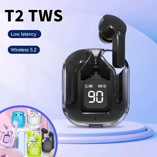 Auriculares Bluetooth T2 | HIFI Transparentes | Display LED | Microfone | 24h Bateria