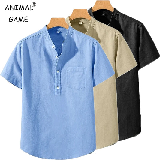T-Shirt Masculina Manga Curta | Algodão | Gola Alta com Botão | Cor Sólida | 6 Cores | M ao 4XL
