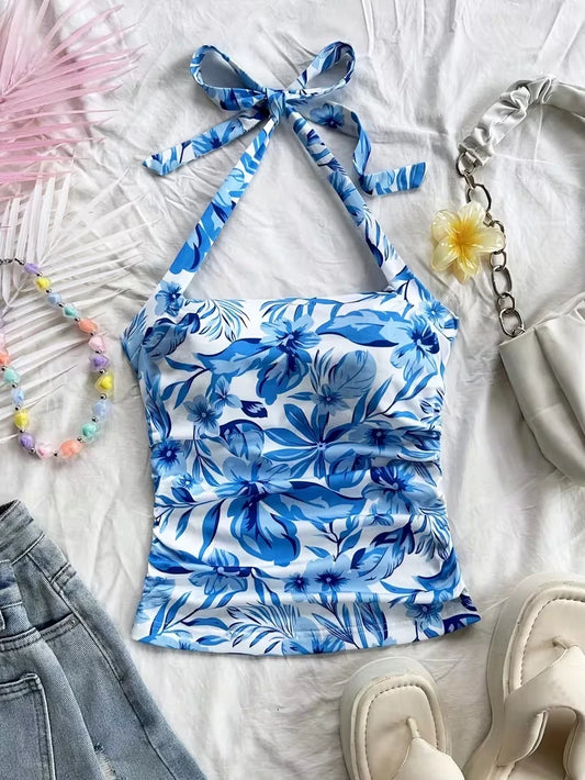 Top Cropped Feminino Y2K | Colete Estampa Azul e Branco Renda nas Costas Plissado Verão XS-XL