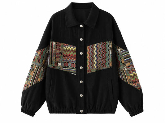 Jaqueta Casual com Estampado Patchwork e Botões