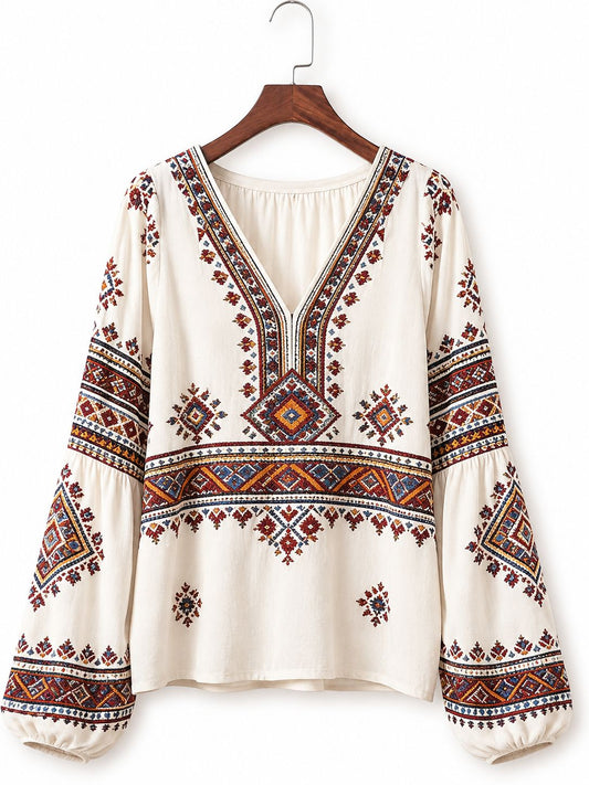 Blusa Boémia Étnica com Decote em V e Manga Comprida