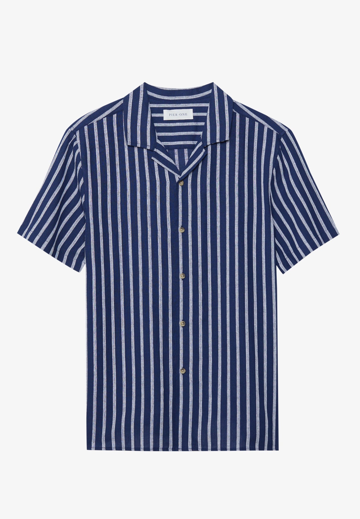 Pier One | LINEN MIX SHIRT Camisa Riscas Azul Escuro/Branco Algodão-Linho