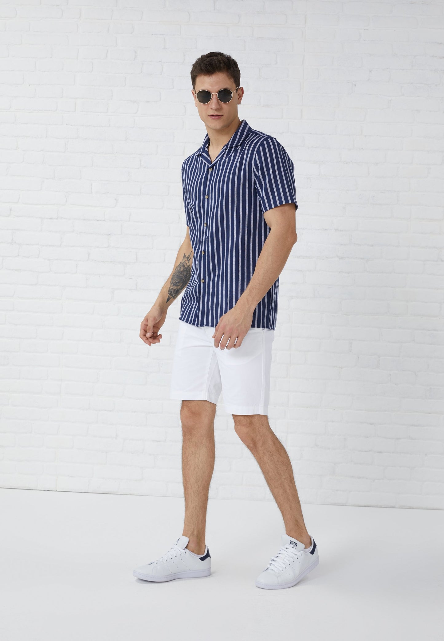 Pier One | LINEN MIX SHIRT Camisa Riscas Azul Escuro/Branco Algodão-Linho
