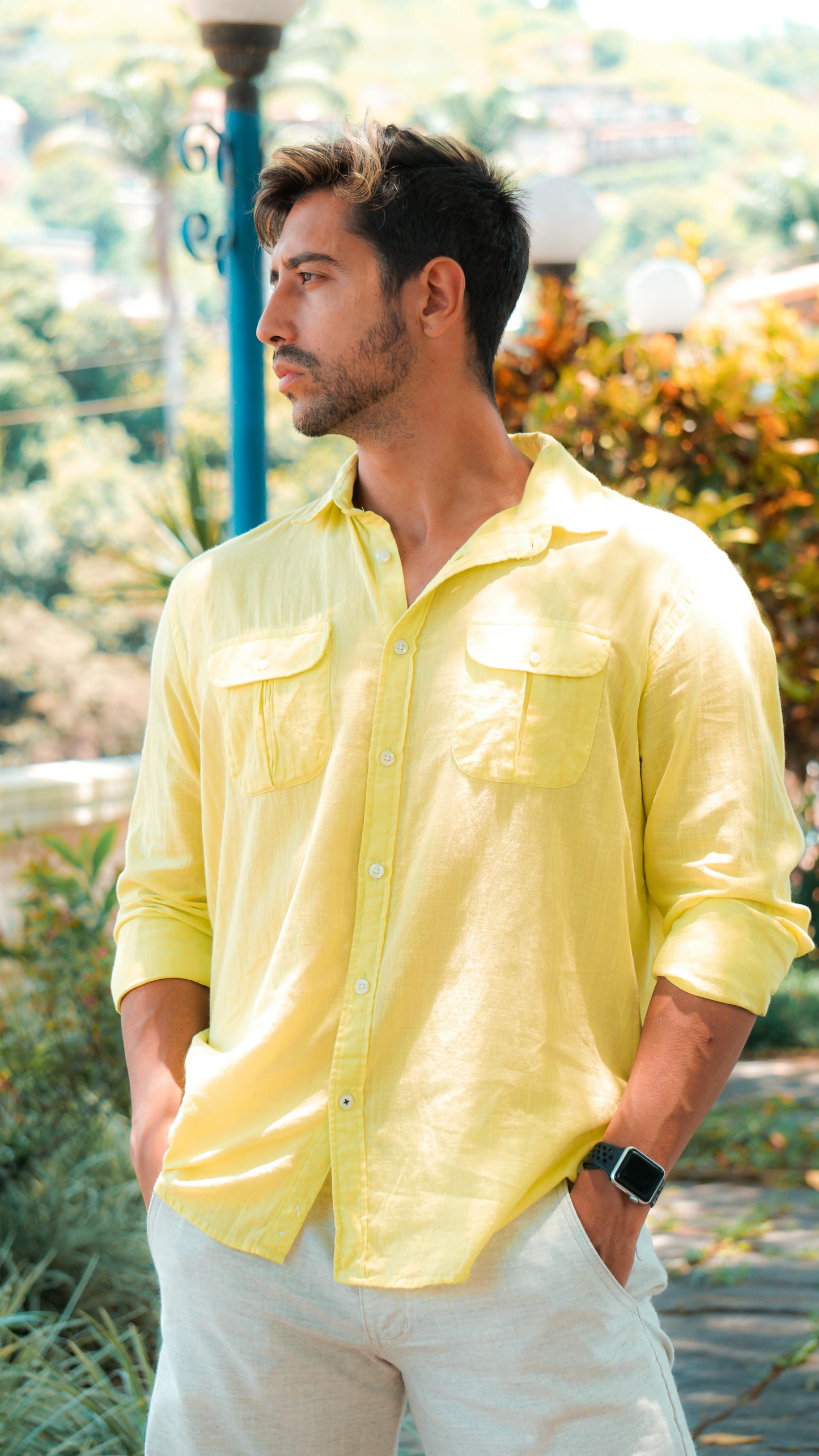 Camisa de Manga Comprida em Algodão e Linho Masculina